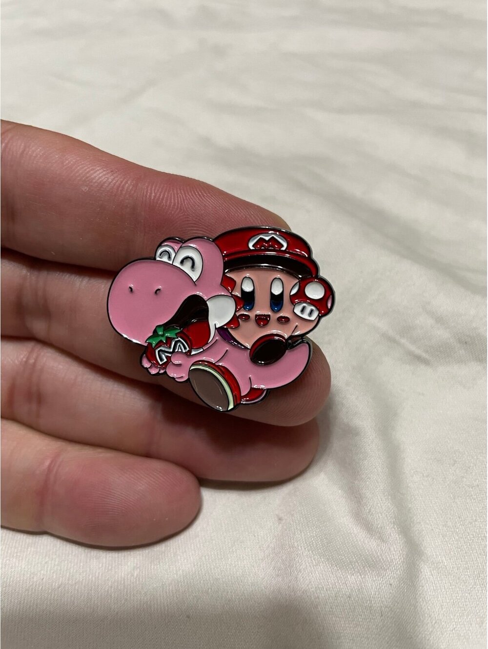 Kirby on yoshi enamel pin brooch super Mario